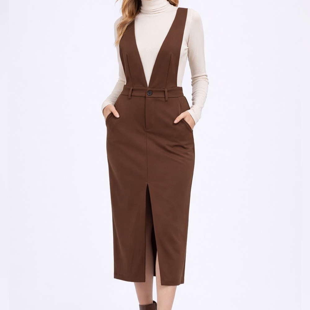 Halara Suspender Midi Skirt Brown Ponte High Waist NWT Small